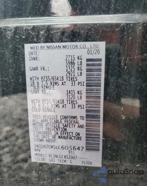 2020 Nissan Pathfinder Sl из США, поврежденный, VIN 5N1DR2CM5LC605647